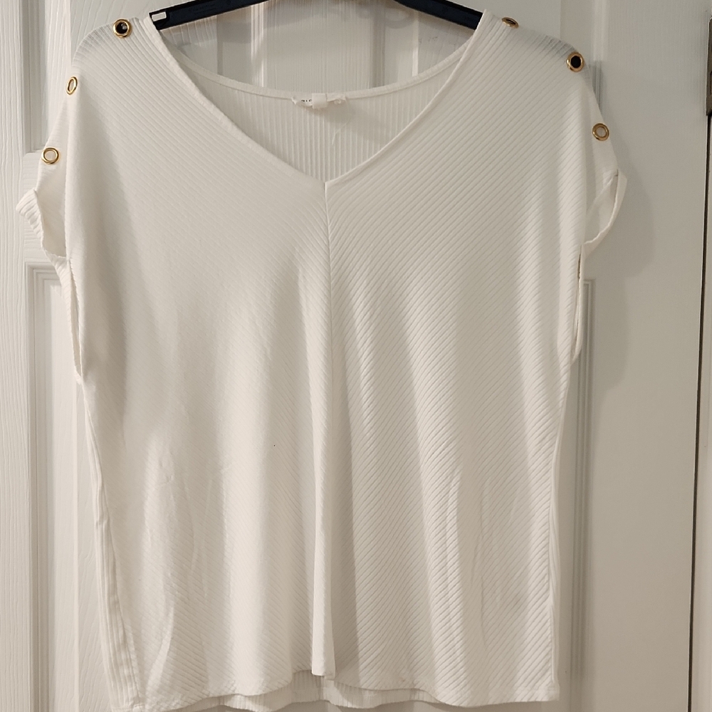 Rio & Rian Chic White V-Neck Blouse with Gold Button Details Women's XL